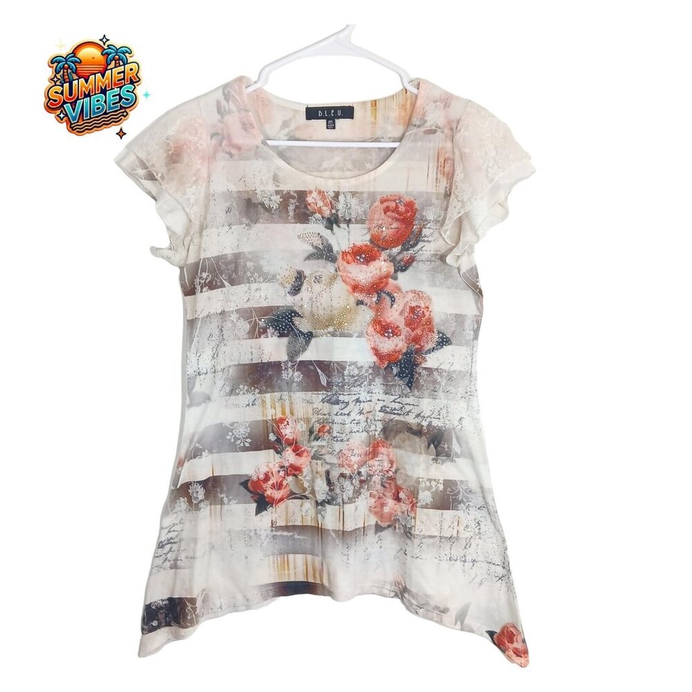 BLEU Medium Lace Blouse Sheer Floral Print Top Lace Flutter Sleeves Rhinestones